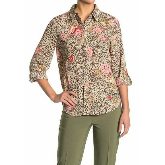 Nanette Lepore Button Up Shirt Blouse XL Floral Cheetah Animal Print Multicolor - Picture 1 of 7